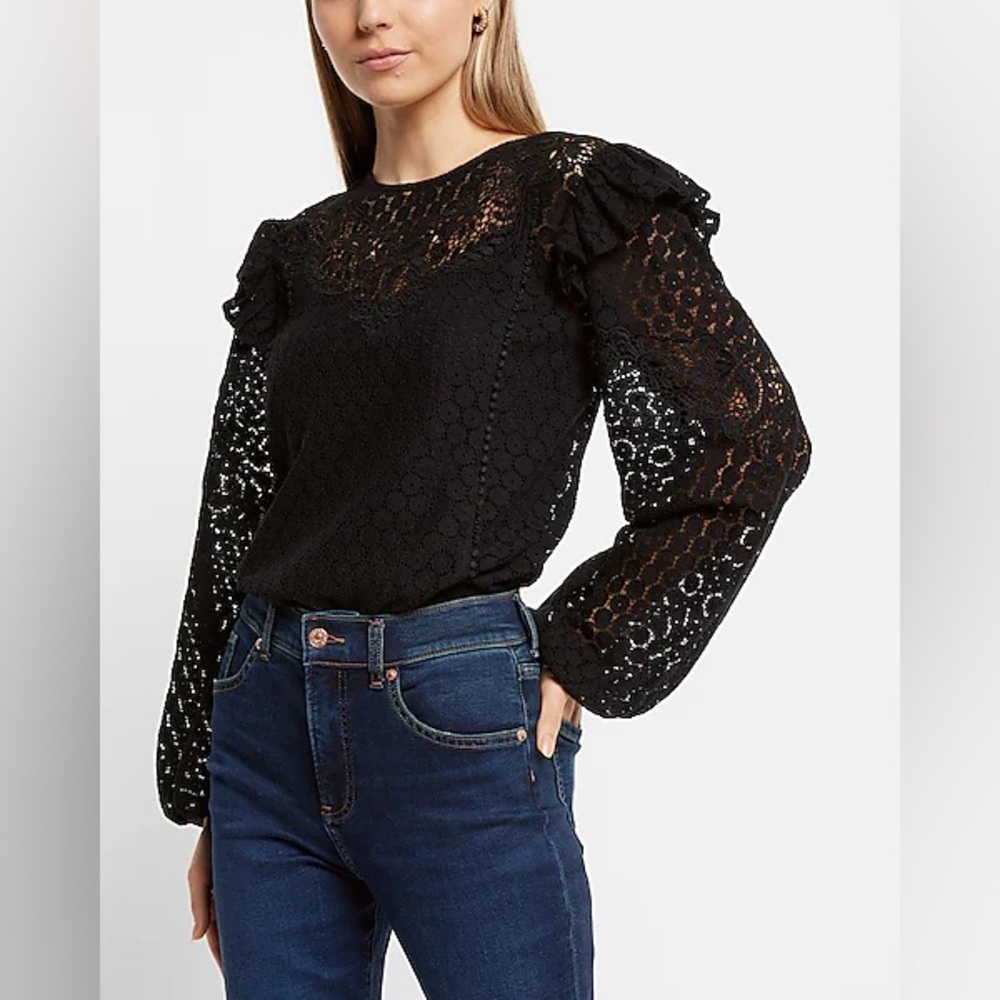 Express Lace Long Sleeve Ruffle Shoulder Top
